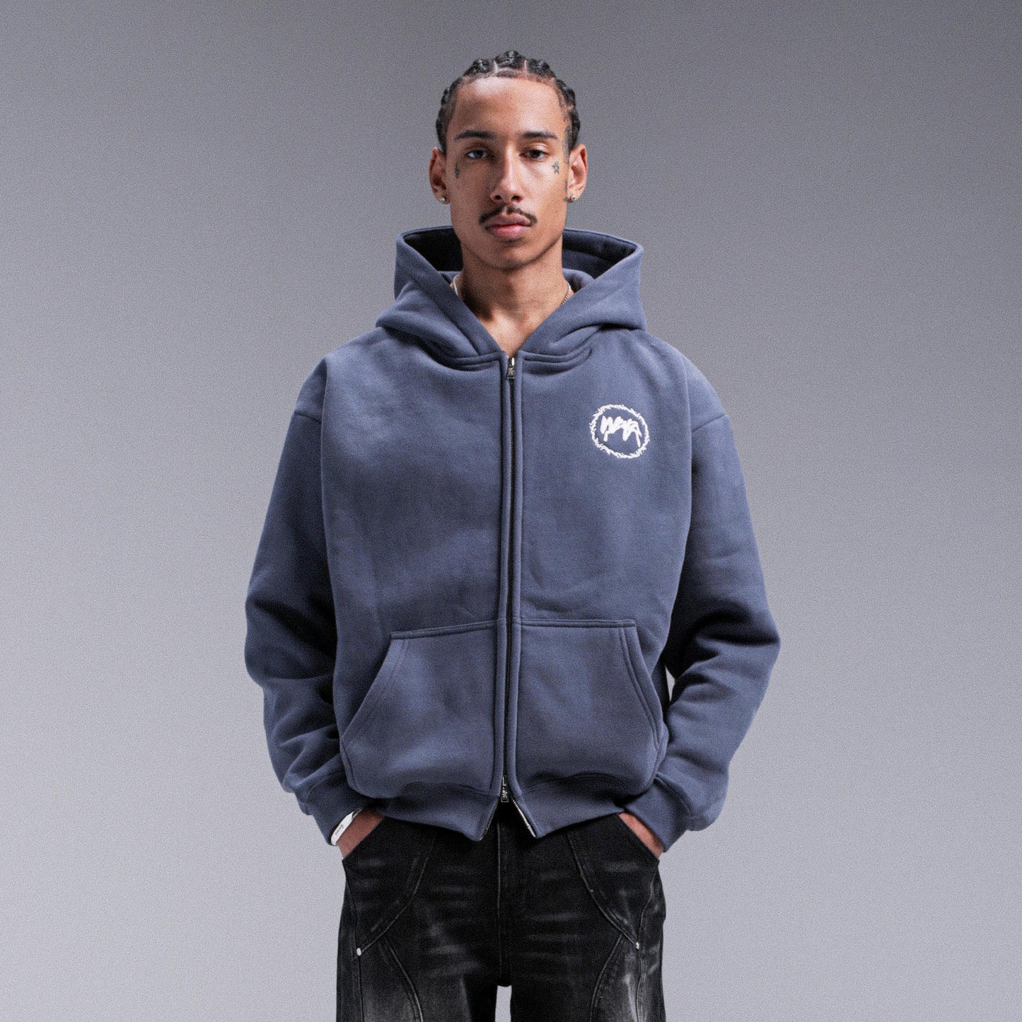 "CROWN" Double Zip Hoodie - Faded Blue