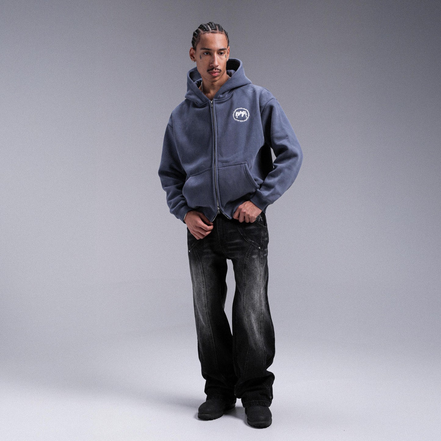 "CROWN" Double Zip Hoodie - Faded Blue