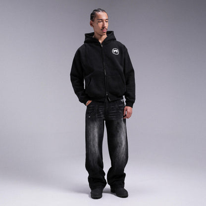 "CROWN" Double Zip Hoodie - Black