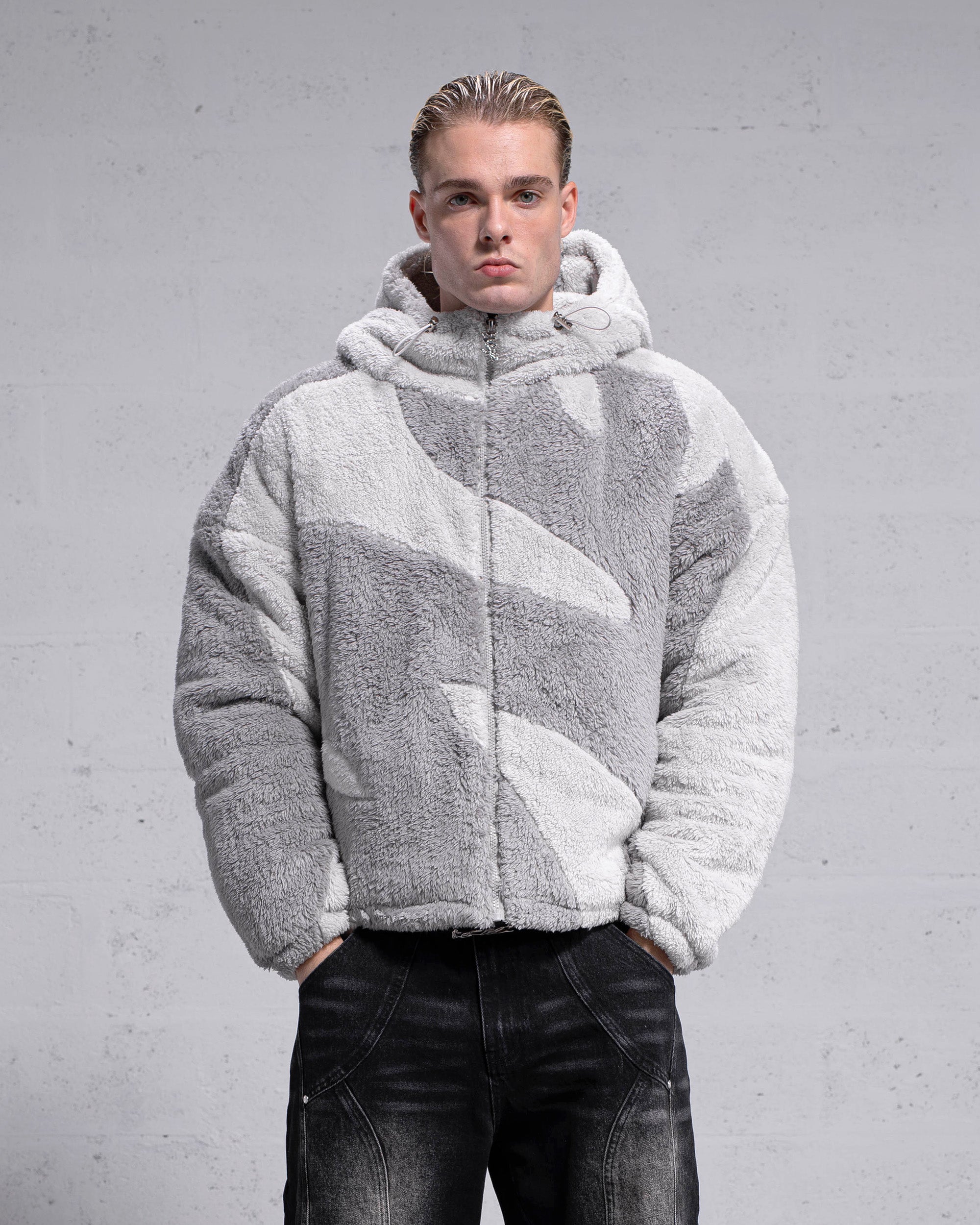GINGTTO seya.FLUFFY WIND BLOUSON Mens Plush Sherpa Jacket Black 