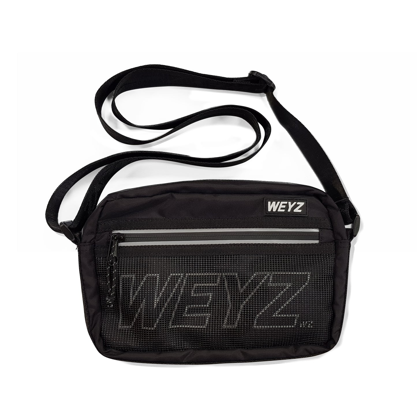 shoulder bag weyz black 100% woven polyester rubber patch adjustable size reflective zip