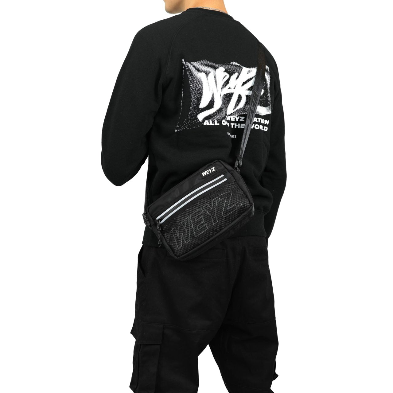 shoulder bag weyz black 100% woven polyester rubber patch adjustable size reflective zip
