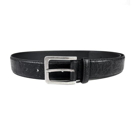100% faux-leather belt with all-over debossed pattern. 15 holes for large and small sizes. Established in France, Made in RPC.